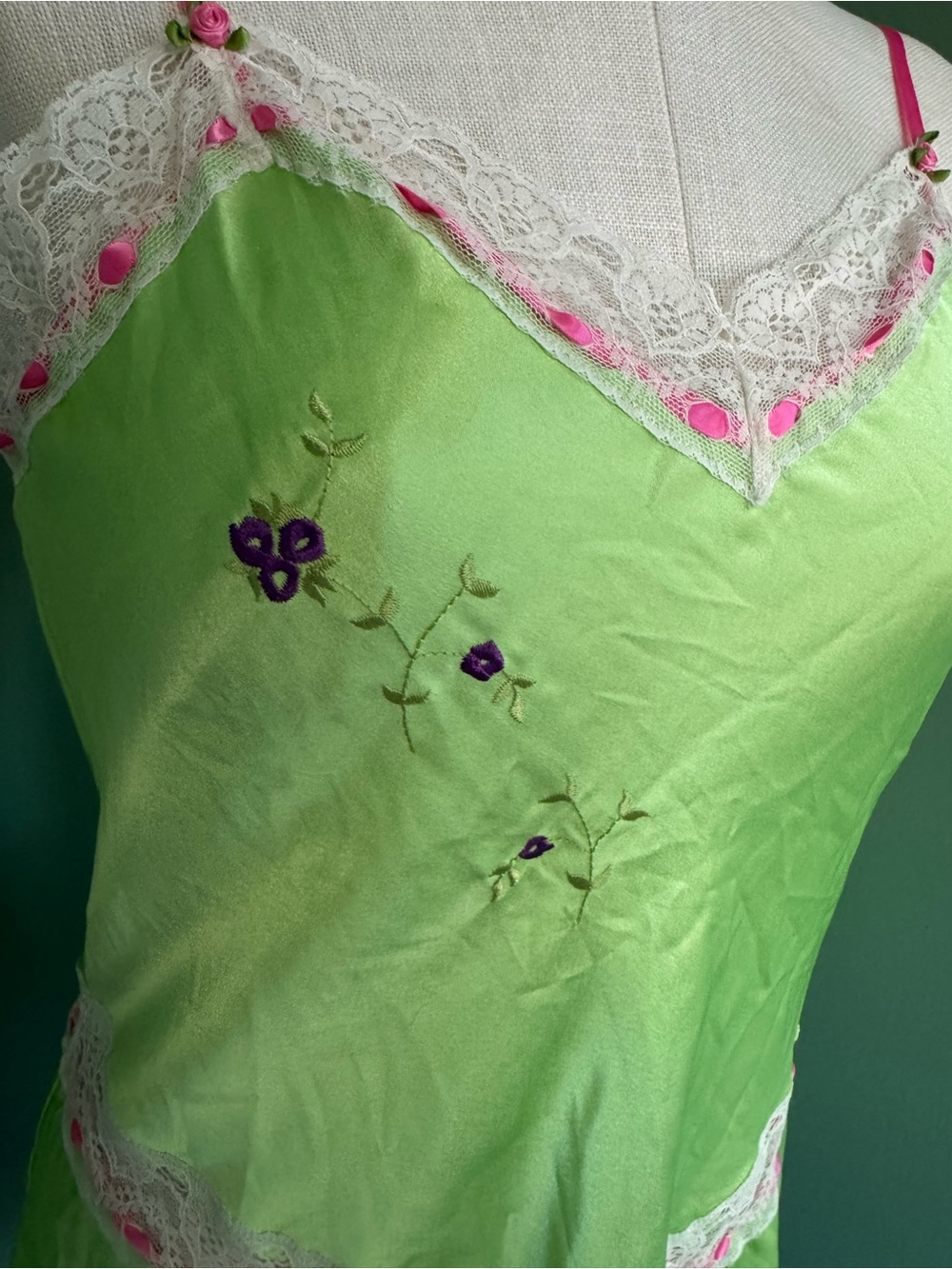 Betsey Johnson Silk-Feel Lime Green Lace Trim Slip Dress - Women's Intimates - Picture 5 of 11